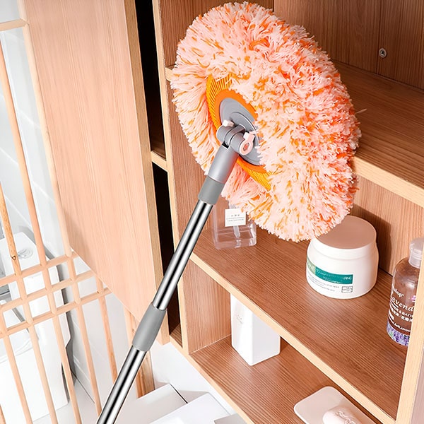 Drehbarer Rundwischmopp mit Faserbezug und langem Stiel für Boden, Wand, Fenster und Regale – 360°-Gelenk, runder Wischkopf, Orange