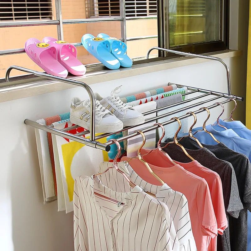Ausziehbarer Wäschetrockner aus Edelstahl zum Einhängen am Balkongeländer für Kleidung und Schuhe – 68–120 × 42 cm, klappbar, wetterfest, rostfrei