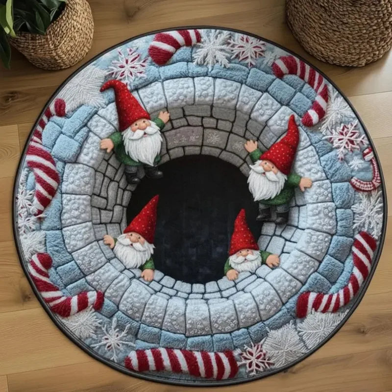 Runder Weihnachtsteppich mit Wichtel in 3D-Optik für Wohnzimmer und Haustür – Ø 40 bis 120 cm, Flanell, rutschfest, waschbar, 6 Motive