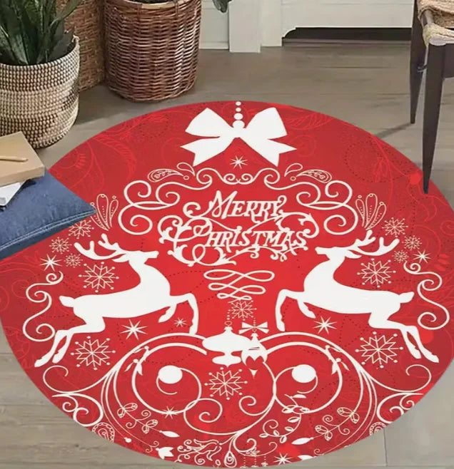 Runder Weihnachtsteppich mit Weihnachtsmann und Schneeflocken für Wohnzimmer und Spielzimmer – Ø 40 bis 120 cm, Flanell, rutschfest, 4 Motive
