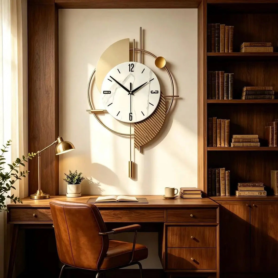 Wanduhr aus Metall mit Pendel für Wohnzimmer und TV-Wand – 52 × 34 cm, geometrisch, rundes Zifferblatt, geräuschloses Quarzwerk, 2 Modelle