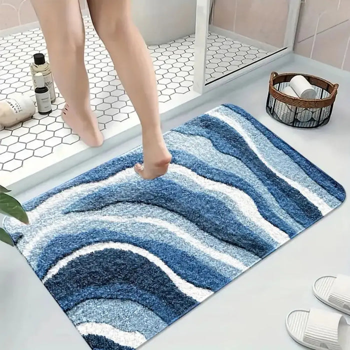 Badematte mit blauem Wellenmotiv für Bad, Wohnzimmer und Schlafzimmer – 40 × 60 bis 45 × 120 cm, Flanell, weich, saugfähig, rutschfest