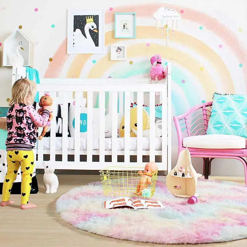 Runder Hochflorteppich in Regenbogenfarben für Kinderzimmer und Schlafzimmer – Ø 60 bis 160 cm, flauschig, Memory-Schaum, rutschfest