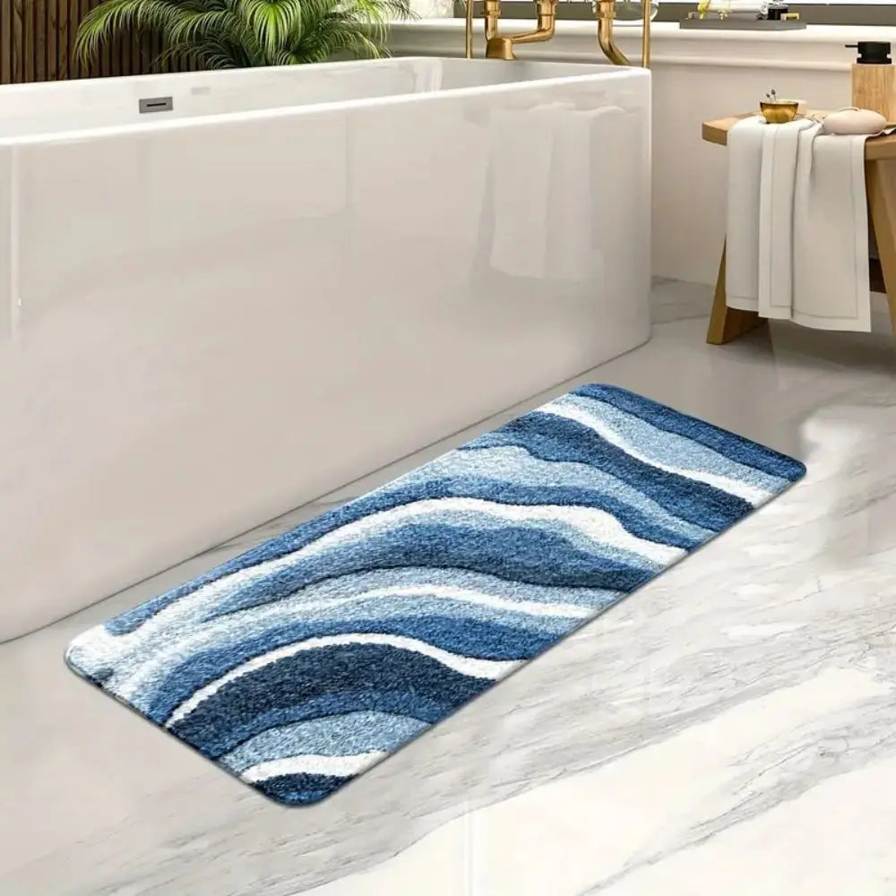 Badematte mit blauem Wellenmotiv für Bad, Wohnzimmer und Schlafzimmer – 40 × 60 bis 45 × 120 cm, Flanell, weich, saugfähig, rutschfest