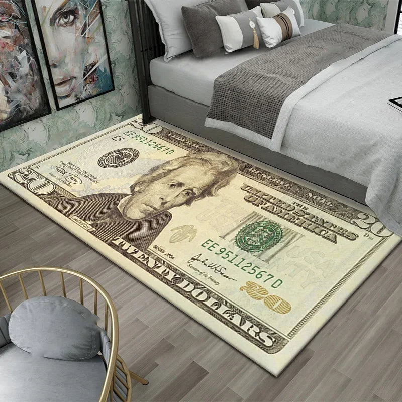 Teppich mit Dollarschein-Aufdruck aus Flanell für Schlafzimmer, Wohnzimmer und Büro – 40 × 60 bis 60 × 180 cm, rutschfeste Latexnoppen, 7 Motive