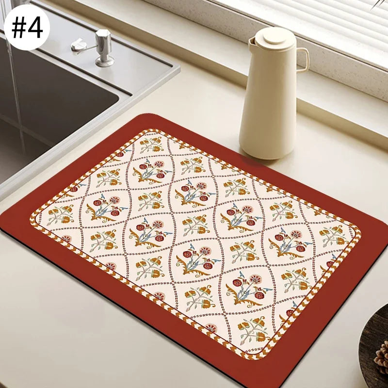 Saugfähige Abtropfmatte für Geschirr, Tassen und Flaschen auf der Küchenarbeitsplatte – 30 × 40 bis 40 × 60 cm, Gummirückseite, rutschfest, 17 Motive