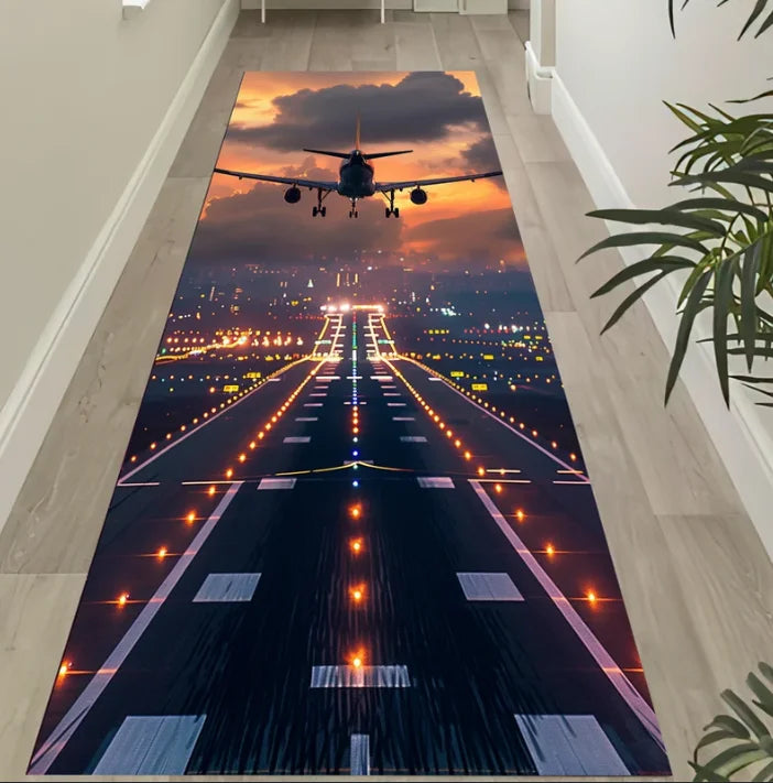 Neon-Landebahn-Läufer für Schlafzimmer, Korridor und Balkon – 40 × 120 oder 50 × 150 cm, Flanell, bedruckt, Flugzeug-Spielmatte für Kinder, 4 Motive