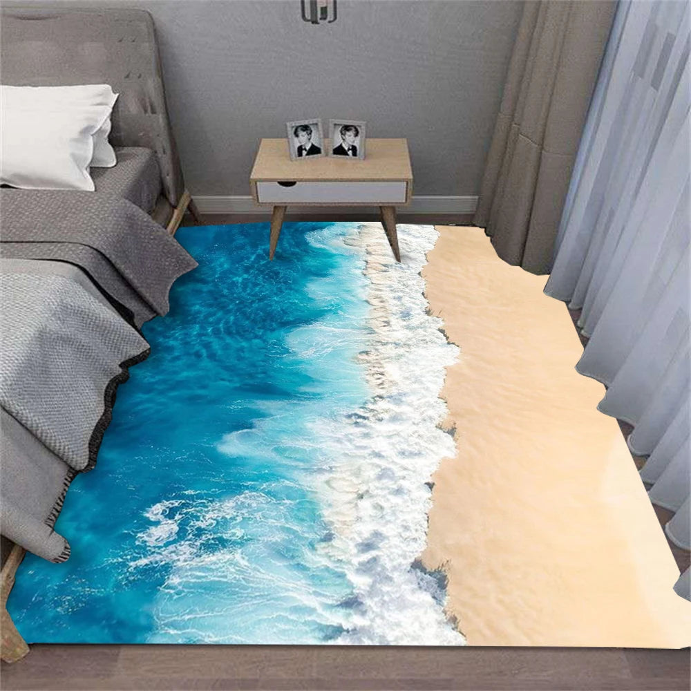 Teppich mit Strand-, Wellen- und Muschel-Motiv für Wohnzimmer, Küche und Flur – 40 × 60 bis 120 × 160 cm, rechteckig, Flanell, rutschfest, 7 Motive