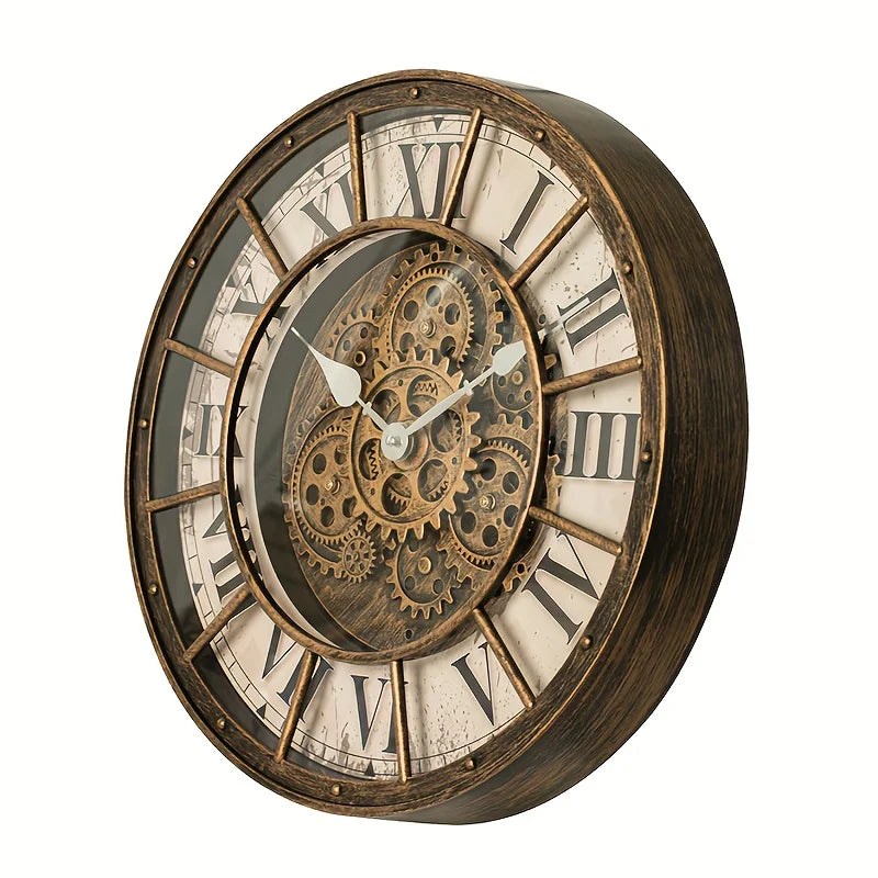 Steampunk-Wanduhr mit echten beweglichen Zahnrädern im Industrie-Stil für Wohnzimmer und Büro – 46 × 46 cm, römische Ziffern, 4 Ausführungen