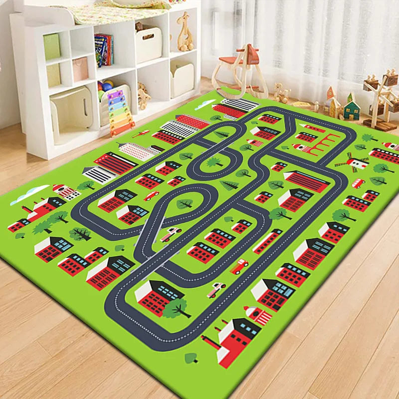 Spielteppich mit Straßen- und Landebahn-Motiv für Spielbereich und Wohnzimmer – 40 × 60 bis 160 × 230 cm, rutschfest, waschbar, 10 Motive