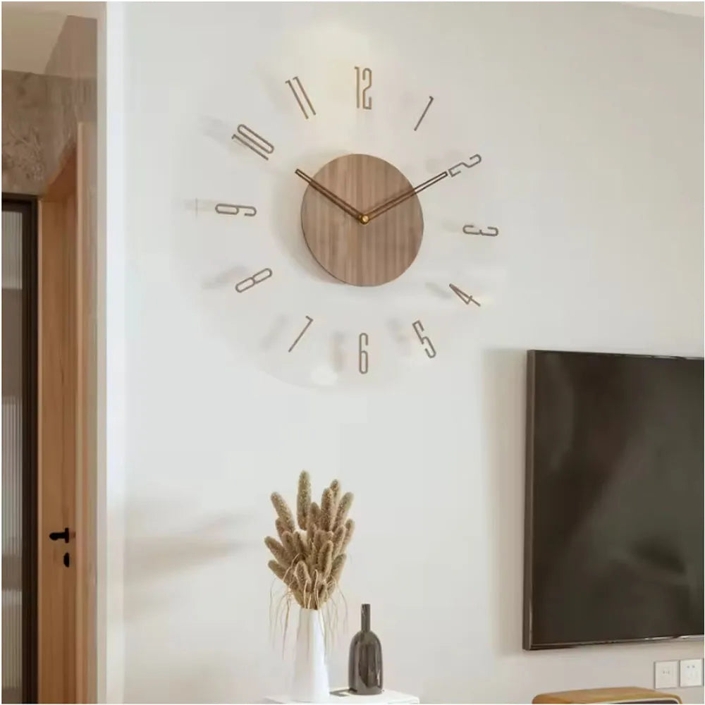 Wanduhr mit transparentem Acrylglas-Zifferblatt und Massivholz-Mitte im nordischen Stil für Wohnzimmer – 30, 35 oder 40 cm, rund, lautlos