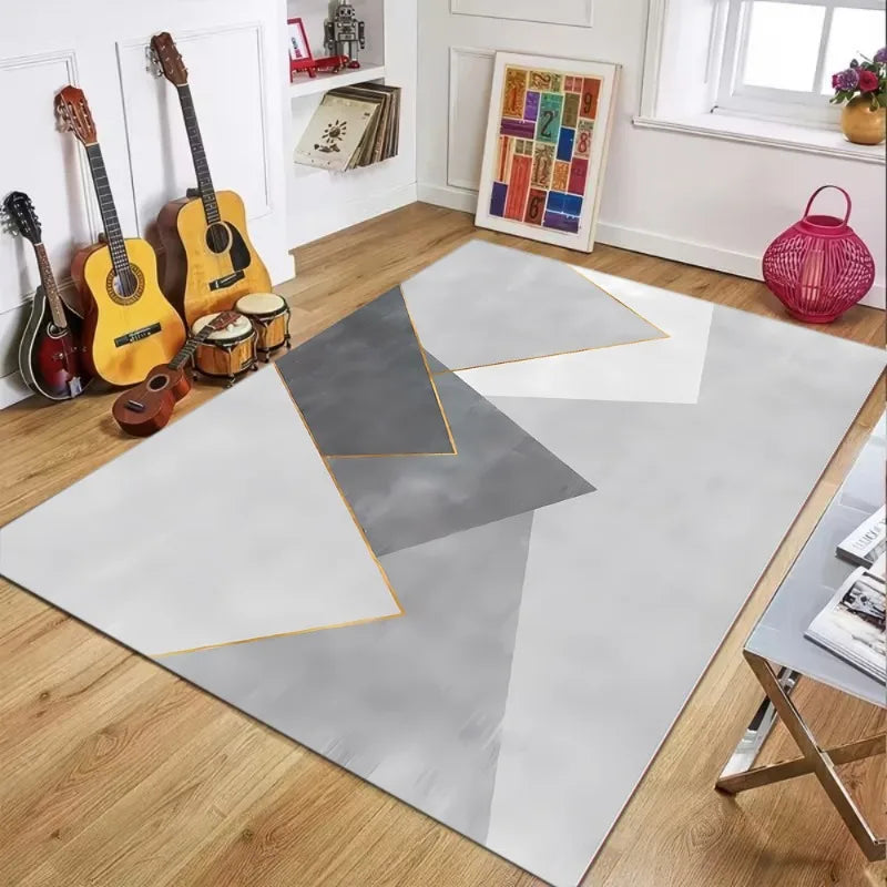 Geometrischer Teppich in Grau und Gelb mit kontrastierenden Linien für Wohn- und Schlafzimmer – 30 × 50 bis 50 × 80 cm, Flanell, rutschfest, 4 Motive