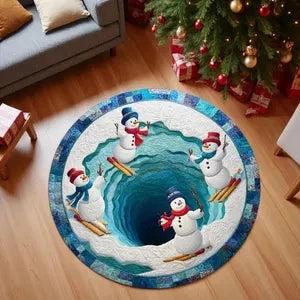 Runder Weihnachtsteppich mit blauem Schneemotiv für Wohnzimmer und Weihnachtsfeier – Ø 40 bis 120 cm, 3D-Druck, rutschfest, 5 Motive