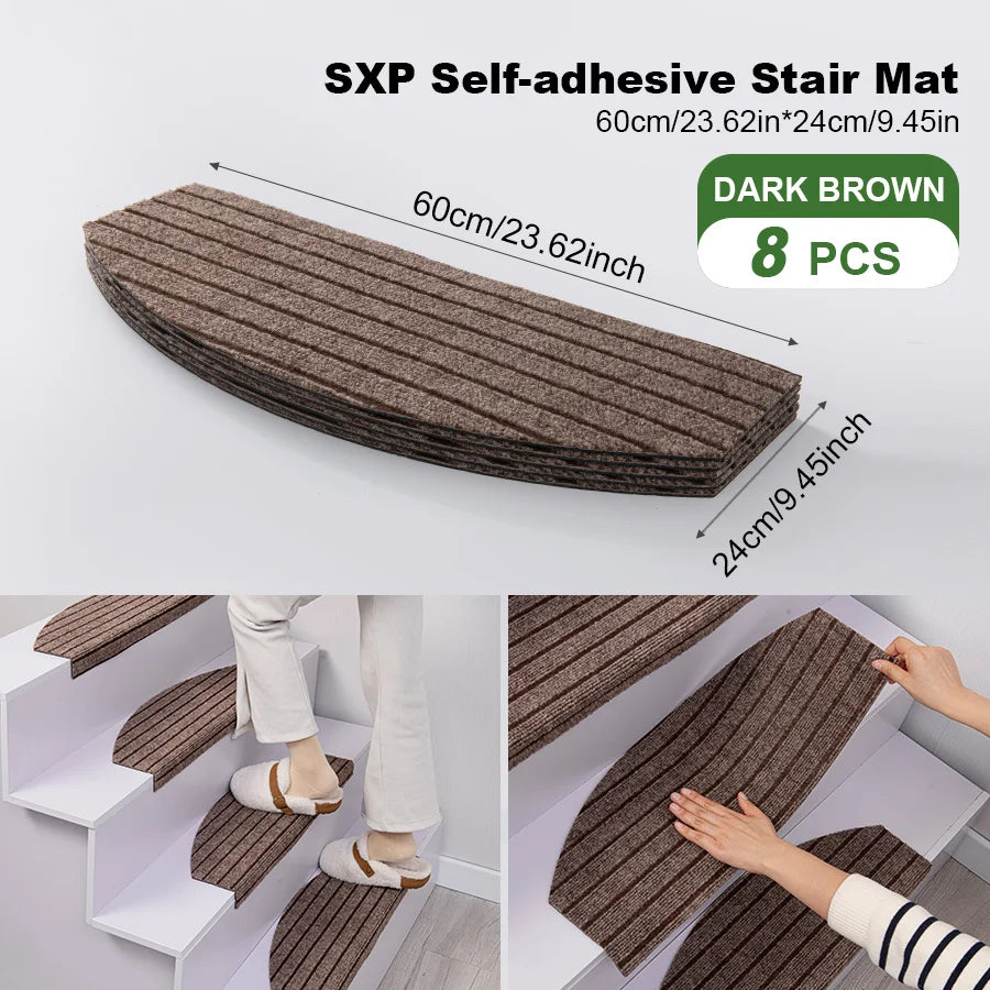 Halbrunde selbstklebende Stufenmatten im 8er-Set für Treppen im Innenbereich – je 60 × 24 cm, 4 mm dick, rutschfest, einfarbig, 11 Farben