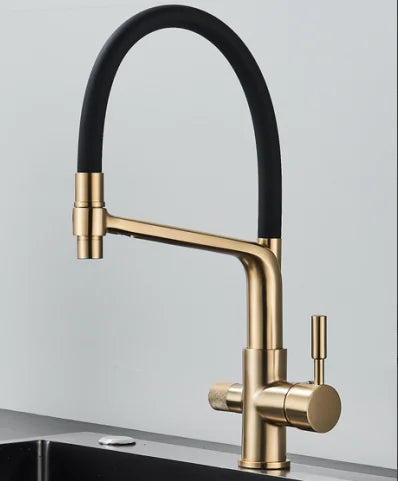 Küchenarmatur mit Doppelauslauf für gefiltertes Trinkwasser für die Küchenspüle – flexibler Schlauchbogen, 360° drehbar, Messing, 45 cm, 6 Farben