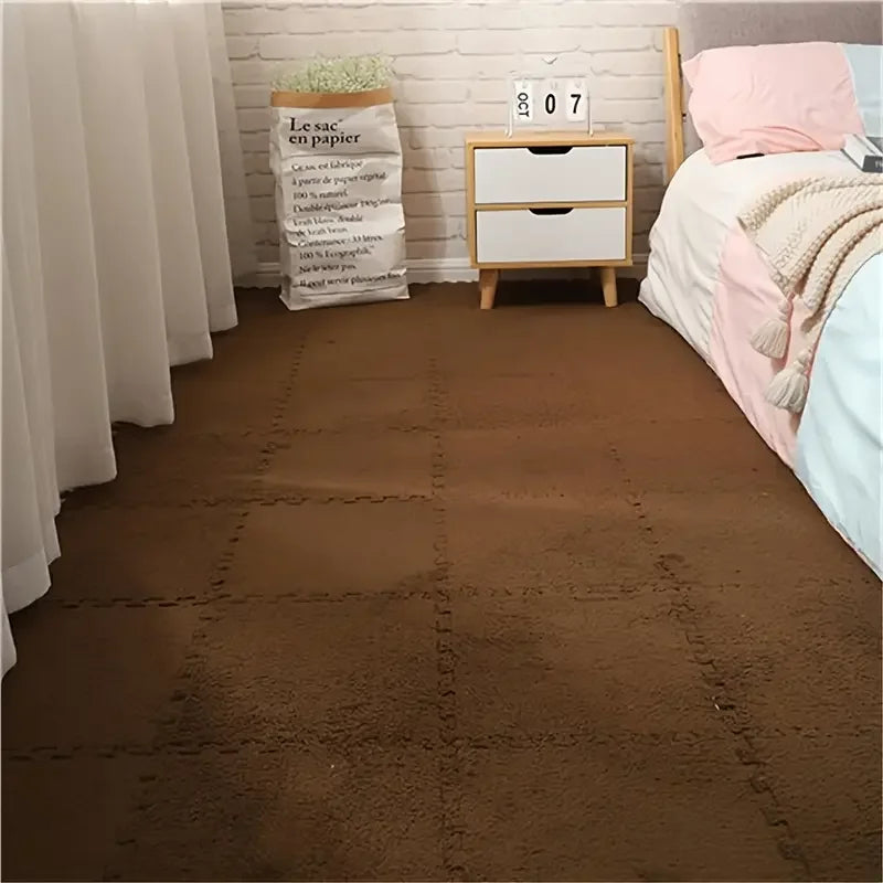 Flauschige Plüsch-Puzzlematten aus Schaumstoff für Wohnzimmer, Schlafzimmer und Spielbereich – quadratisch, 4 oder 12 Stück, stapelbar, 17 Farben