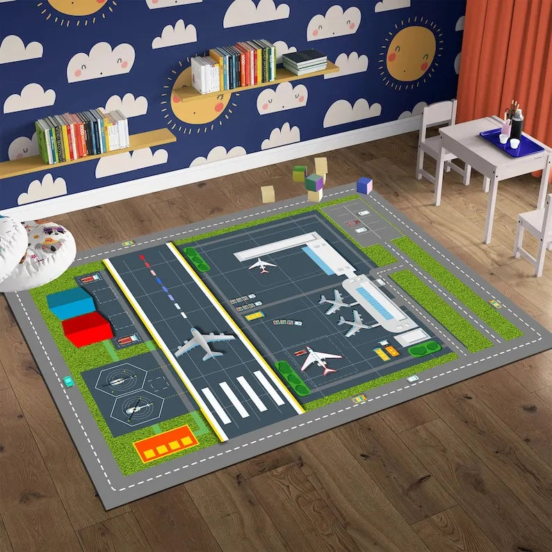 Kinder-Spielteppich mit Flughafen- und Landebahn-Motiv für Kinderzimmer und Wohnzimmer – 40 × 60 bis 120 × 160 cm, rechteckig, rutschfest, 6 Motive