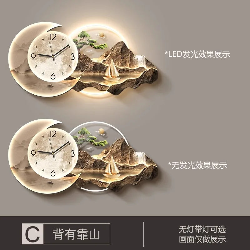 Beleuchtete Wanduhr mit Landschaftsbild aus Kristallporzellan für Wohn- und Esszimmer – 30 × 60 oder 40 × 80 cm, LED-Licht, Fernbedienung, 3 Motive