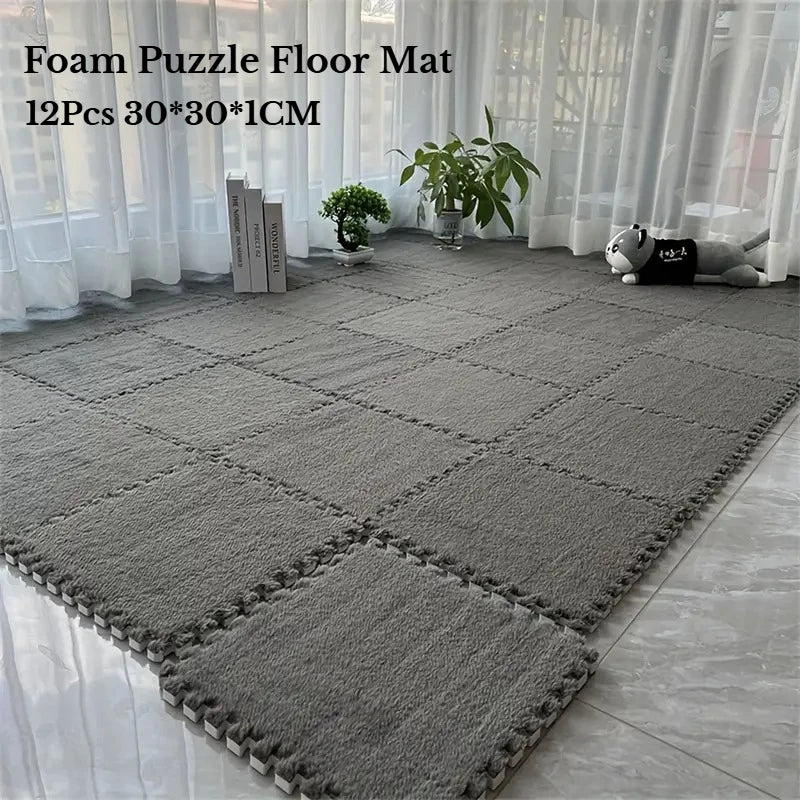 Plüsch-Puzzlematte aus Schaumstoff für Spielzimmer und Schlafzimmer – 12 Fliesen à 30 × 30 × 1 cm, ineinandergreifend, zuschneidbar, 5 Farben