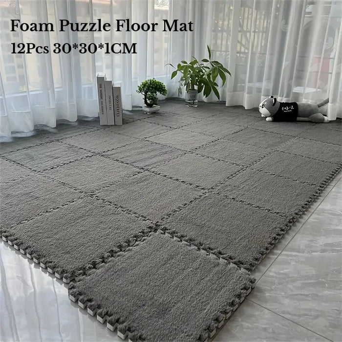 Plüsch-Puzzlematte aus Schaumstoff für Spielzimmer und Schlafzimmer – 12 Fliesen à 30 × 30 × 1 cm, ineinandergreifend, zuschneidbar, 5 Farben