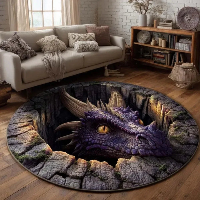 Runder Teppich mit Drachen-Motiven in 3D-Optik im Fantasy-Stil für Wohnzimmer und Schlafzimmer – Ø 40 bis 120 cm, bedruckt, rutschfest, 3 Motive