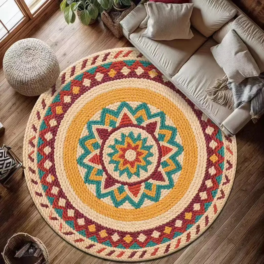 Runder Mandala-Teppich im Boho-Stil für Wohnzimmer und Schlafzimmer – Ø 40 bis 120 cm, bunt, geometrisch, rutschfest, waschbar, 8 Motive