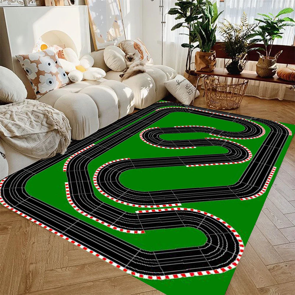 Spielteppich mit Rennstrecken- und Flughafenmotiv für Spielzeugautos im Kinderzimmer – 40 × 60 bis 120 × 160 cm, Flanell, rutschfest, 6 Motive