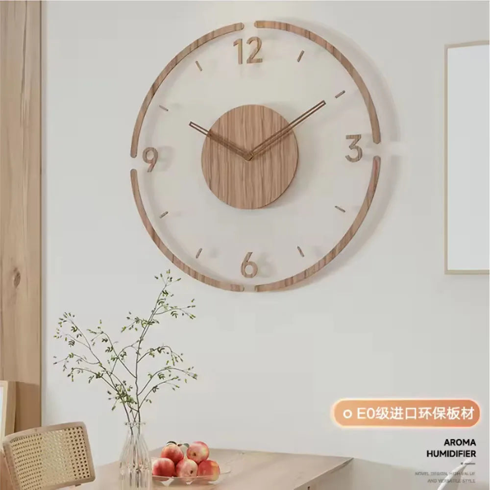 Wanduhr mit transparentem Acrylglas-Zifferblatt und Massivholz-Mitte im nordischen Stil für Wohnzimmer – 30, 35 oder 40 cm, rund, lautlos