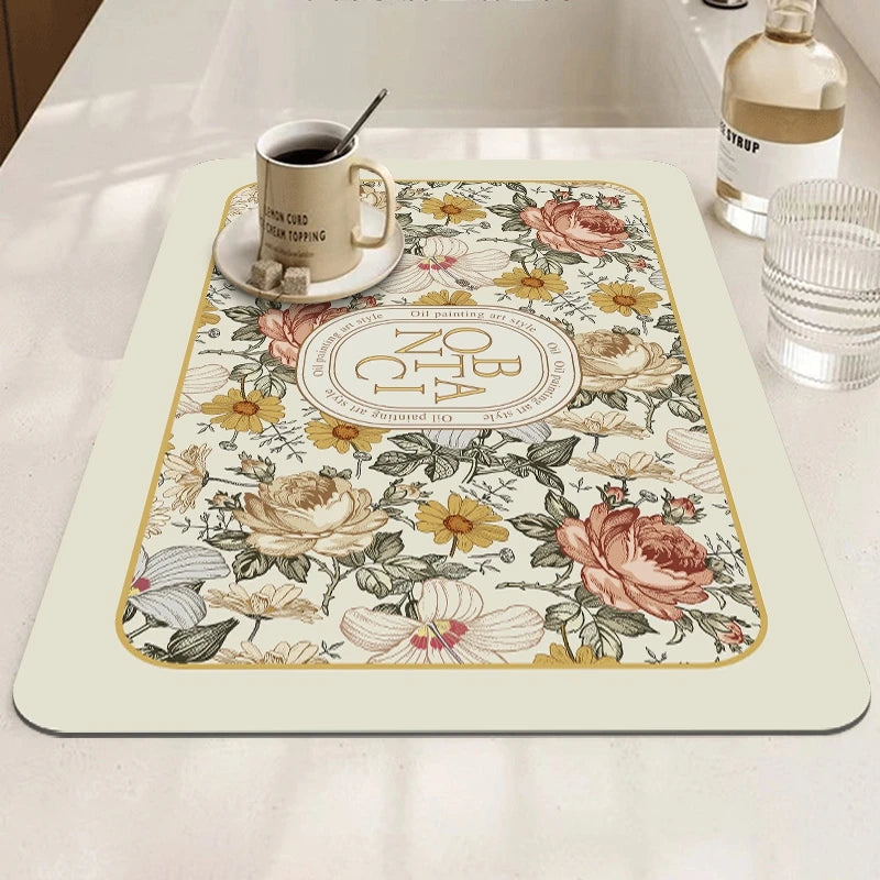 Saugfähige Abtropfmatte für Geschirr, Tassen und Flaschen auf der Küchenarbeitsplatte – 30 × 40 bis 40 × 60 cm, Gummirückseite, rutschfest, 17 Motive