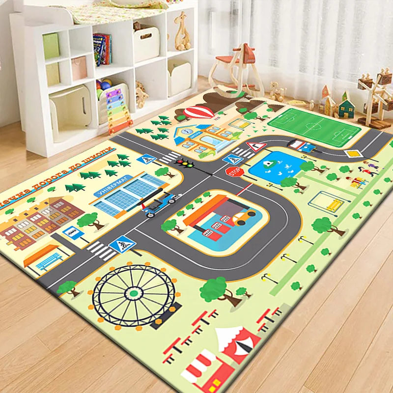 Spielteppich mit Straßen- und Landebahn-Motiv für Spielbereich und Wohnzimmer – 40 × 60 bis 160 × 230 cm, rutschfest, waschbar, 10 Motive