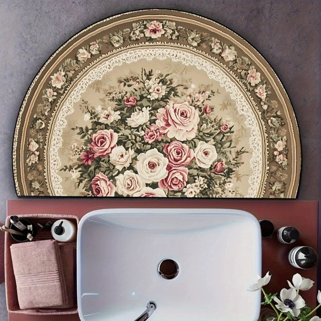 Halbrunder Vintage-Teppich mit romantischem Rosenmuster für Eingang, Schlafzimmer und Wohnzimmer – 40 × 60 bis 60 × 90 cm, weich, rutschfest