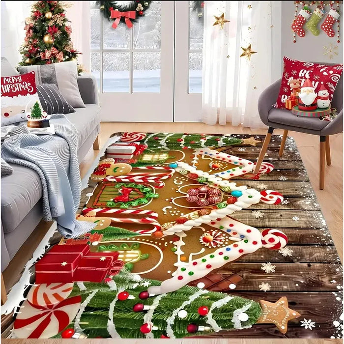 Weihnachtsteppich mit Lebkuchenhaus-Motiv für Wohnzimmer und Schlafzimmer – 40 × 60 bis 120 × 160 cm, rechteckig, Flanell, rutschfest, 4 Motive
