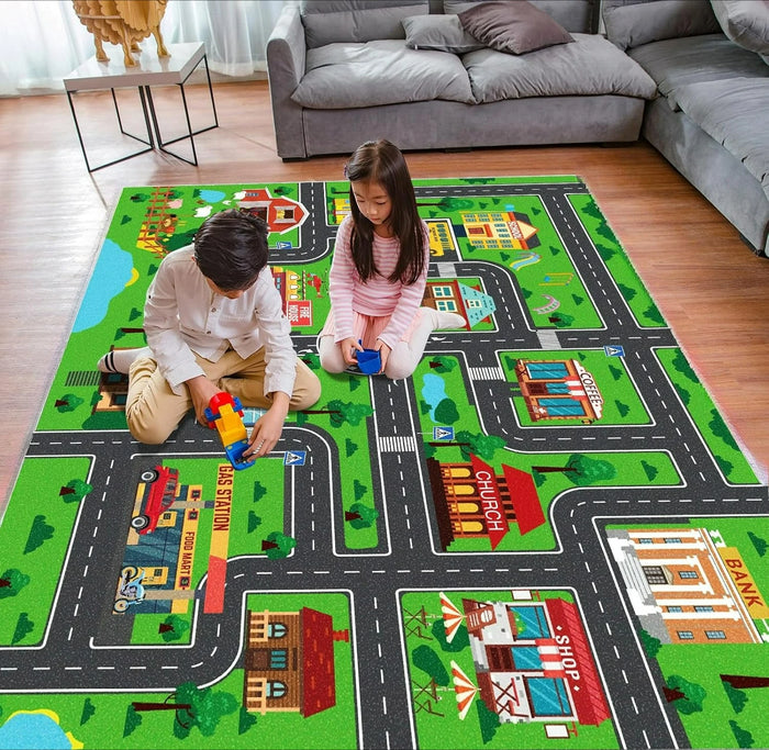 Kinderspielteppich mit Straßen- und Stadtverkehr-Motiv für Kinderzimmer und Wohnzimmer – 40 × 60 bis 120 × 160 cm, Flanell, rutschfest, 5 Motive