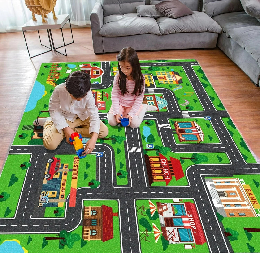 Interaktiver Straßenteppich für Eltern-Kind-Spiele in Wohnzimmer und Schlafzimmer – 40 × 60 bis 120 × 160 cm, bedruckt, rutschfest, waschbar, 5 Motive