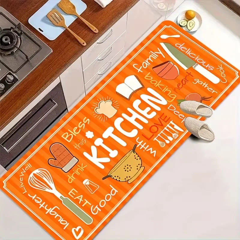 Orangefarbener Küchenteppich mit Küchenutensilien- und Kochmotiv für Küche, Flur und Schlafzimmer – 40 × 60 bis 50 × 150 cm, weich, rutschfest