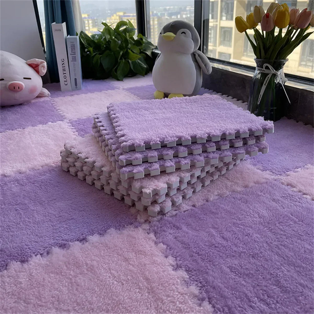 Plüsch-Puzzlematte für Kinder als Spielteppich für Kinderzimmer und Schlafzimmer – Fliesen 30 × 30 × 1 cm, EVA-Schaumkern, 10 oder 20 Stück, 23 Farben