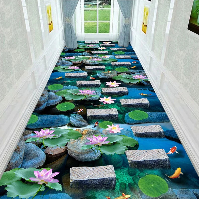 Läufer mit 3D-Blumen- und Landschaftsmotiv für Flur, Wohnzimmer und Eingang – 60 × 200 bis 90 × 400 cm, Kristallsamt, rutschfest, 16 Motive