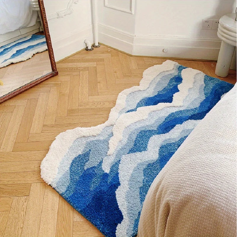 Teppich mit blauem Meereswellen-Motiv in unregelmäßiger Wellenform für Schlafzimmer, Flur und Eingang – 50 × 80 bis 70 × 160 cm, rutschfest, waschbar