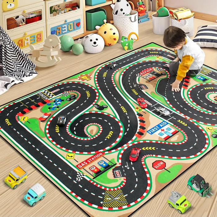 Kinder-Spielteppich mit Rennstrecke und Verkehrszeichen für Kinderzimmer und Wohnzimmer – 50 × 80 bis 120 × 160 cm, weich, rutschfest, 4 Motive