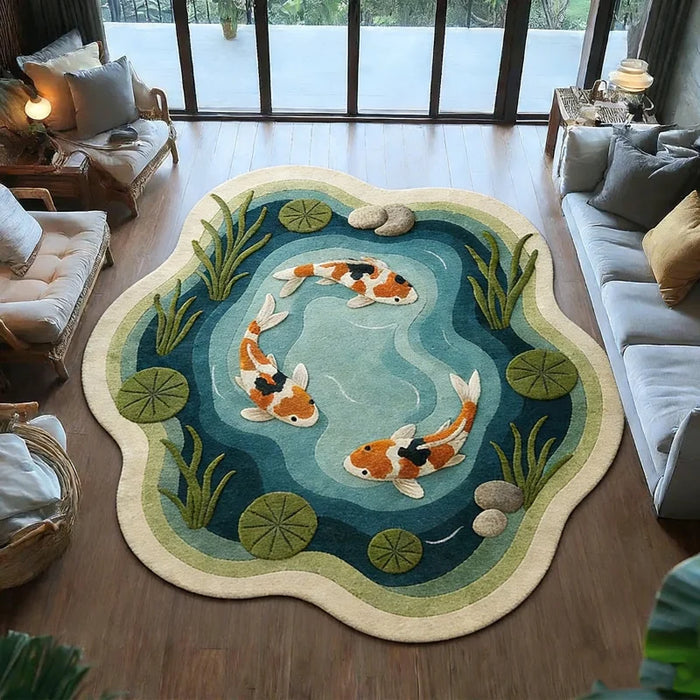 Runder Plüschteppich mit Koi-Karpfen-Muster für Wohnzimmer und Schlafzimmer – Ø 80 bis 250 cm, flauschig, rutschfest, 25 Motive