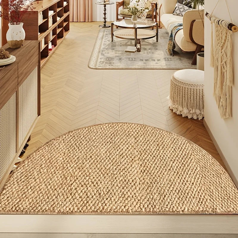 Halbrunde Fußmatte in Jute-Optik für Haustür, Eingang und Bad – 40 × 60 bis 80 × 120 cm, 6–7 mm flach, rutschfeste TPR-Rückseite, waschbar, Braun