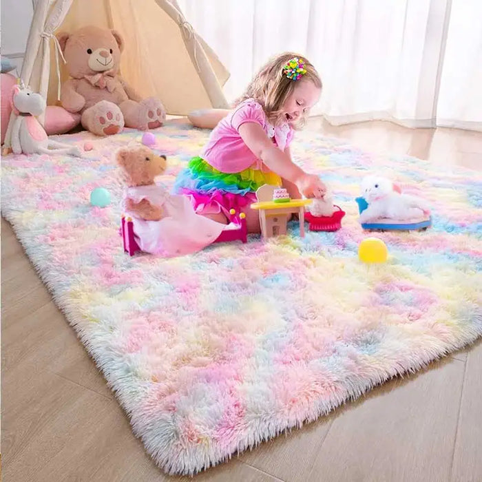 Flauschiger Langflor-Kinderteppich in Regenbogen- und Batikfarben für Kinderzimmer und Schlafzimmer – 50 × 80 bis 160 × 230 cm, rechteckig, 8 Farben