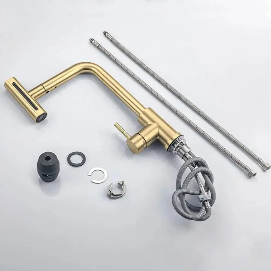 Ausziehbare Küchenarmatur aus Edelstahl 304 mit Schwenk-Sprühkopf für die Spüle – 360° drehbar, Wasserfall- und Brausestrahl, Einhebelmischer, Gold