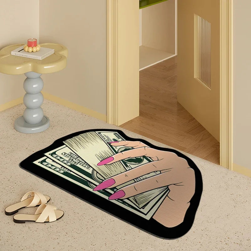 Teppich in Form von Dollar-Geldbündeln für Schlafzimmer, Wohnzimmer und Eingang – 40 × 60 bis 80 × 120 cm, Sonderform, rutschfeste Noppen, 9 Motive