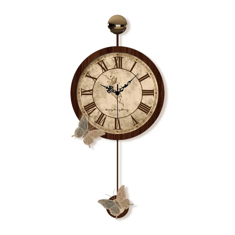 Retro-Wanduhr aus Acryl mit Schmetterlings-Dekor als Wanddekoration für das Wohnzimmer – 29 × 63 cm, römische Ziffern, Walnussoptik