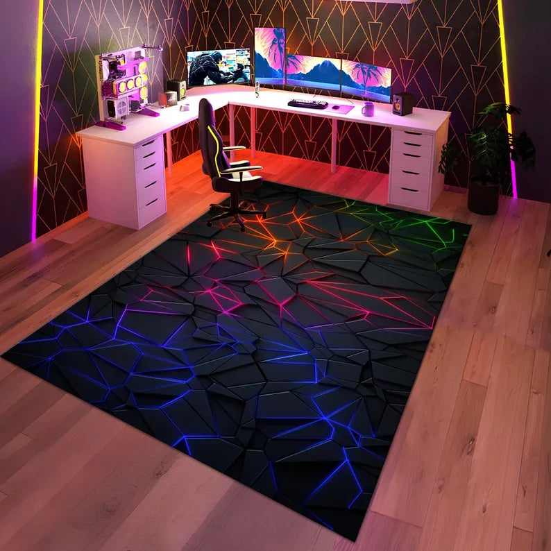 Gaming-Teppich mit geometrischem Neon-Muster für Spielzimmer, Kinderzimmer und Wohnzimmer – 40 × 60 bis 120 × 160 cm, rutschfest, 7 Motive