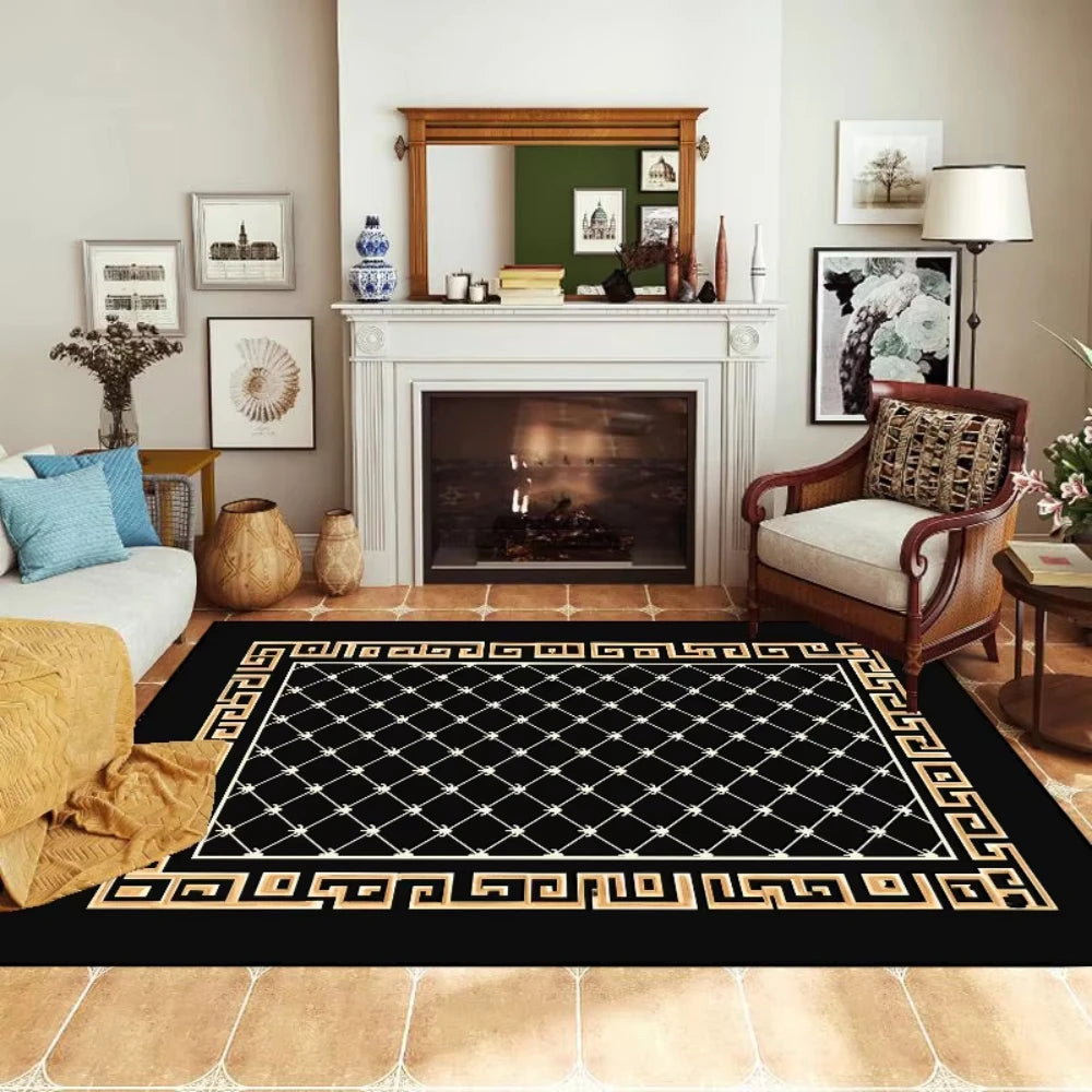 Teppich mit Mäander-Bordüre oder Vintage-Blumenmuster für Wohnzimmer, Schlafzimmer und Büro – 40 × 60 bis 120 × 160 cm, Flanell, rutschfest, 6 Motive