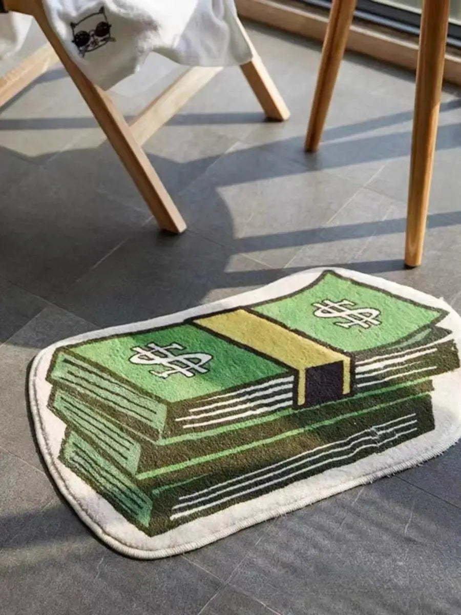 Bedruckter Teppich mit Cartoon-Geldschein-Motiv für Eingang und Schlafzimmer – 40 × 60 bis 60 × 90 cm, wasserabweisend, antistatisch, 4 Motive