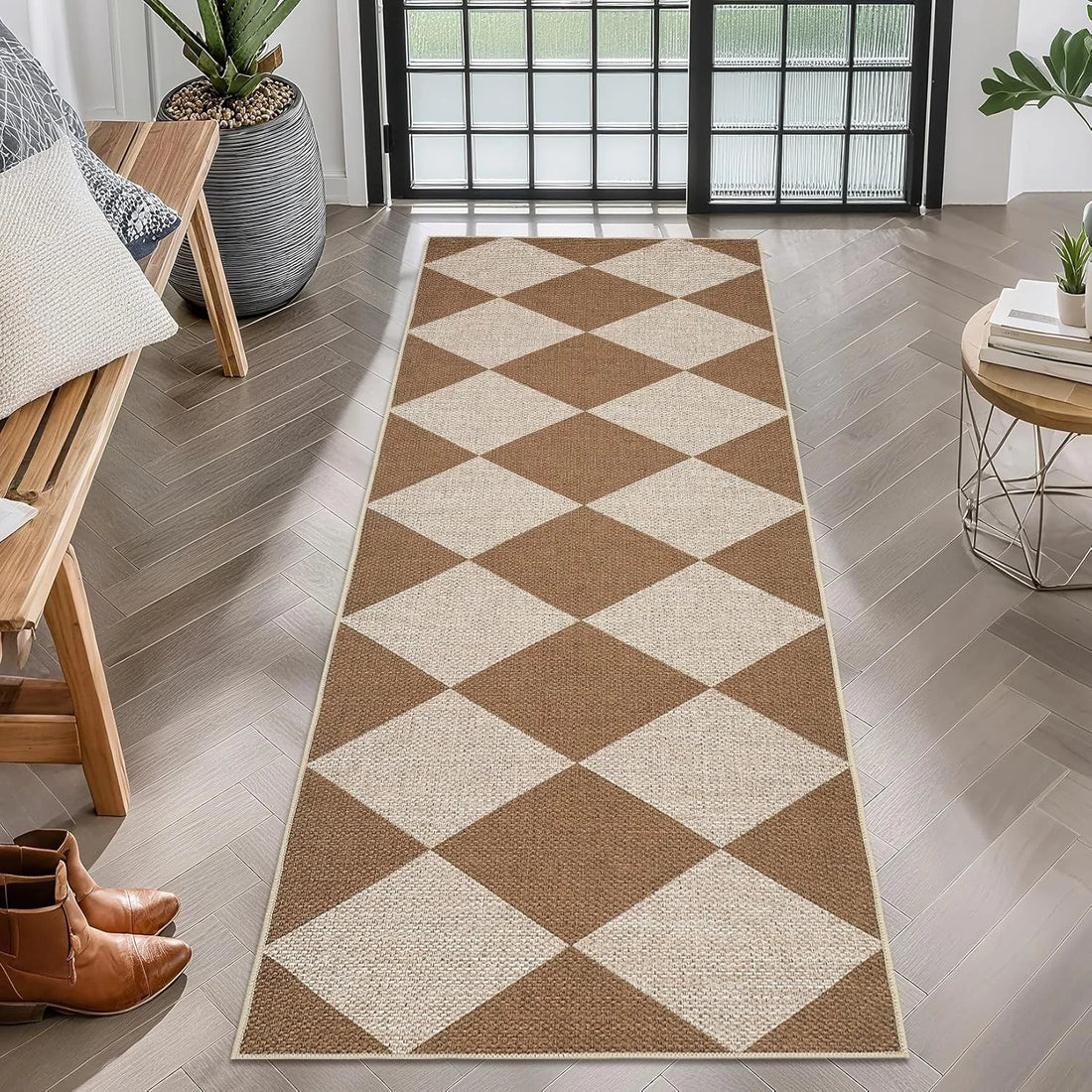 Karierter Teppichläufer in Schwarz und Creme für Flur, Küche und Eingang – 40 × 120 oder 50 × 150 cm, Polyester, rutschfest, waschbar, 6 Motive