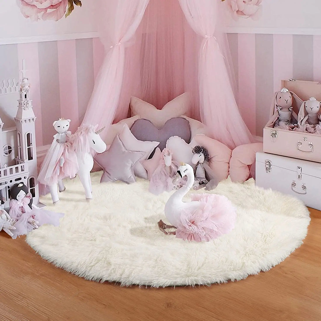 Runder Hochflorteppich in Regenbogenfarben für Kinderzimmer und Schlafzimmer – Ø 60 bis 160 cm, flauschig, Memory-Schaum, rutschfest